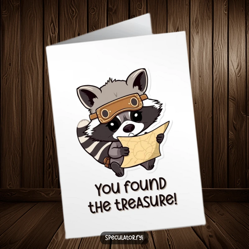 Funny Free Printable congratulations card: A determined raccoon in a mask pores over a treasure map, celebrating a found treasure.