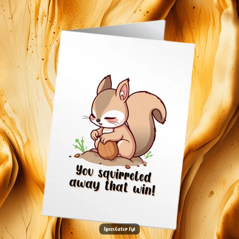 Funny Free Printable Squirrel Congratulations Card: Nimble squirrel buries a nut, glancing around, celebrating your success sneakily.
