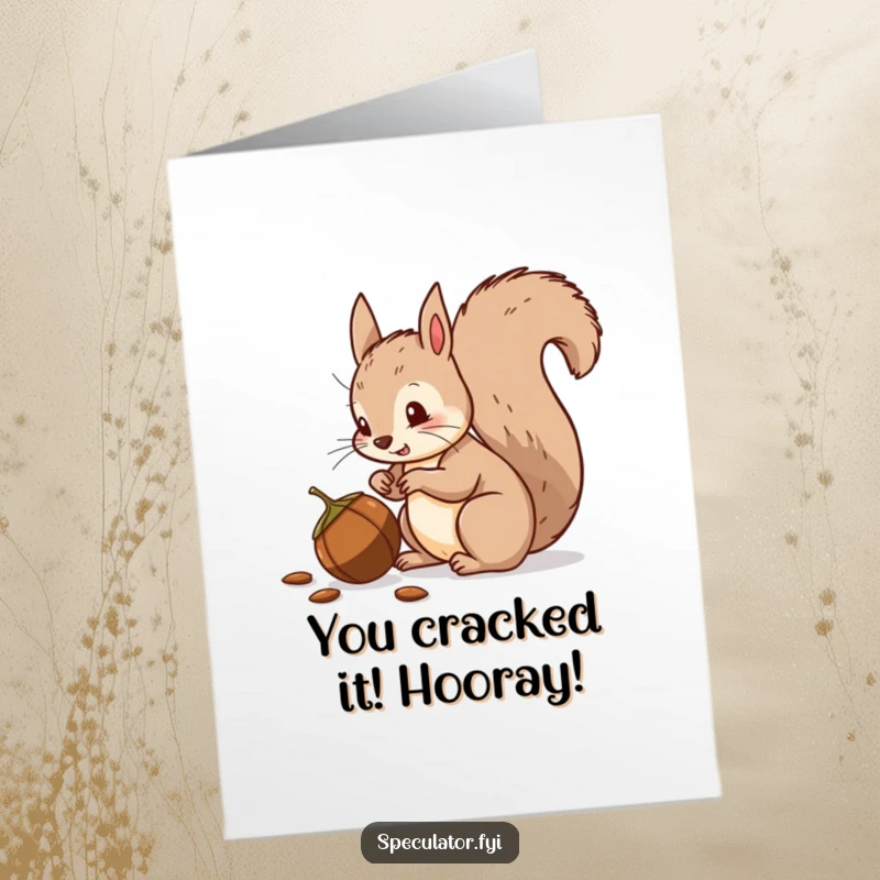 Funny Free Printable Congratulations Card: A happy squirrel with a wagging tail celebrates success with a suspicious nut.