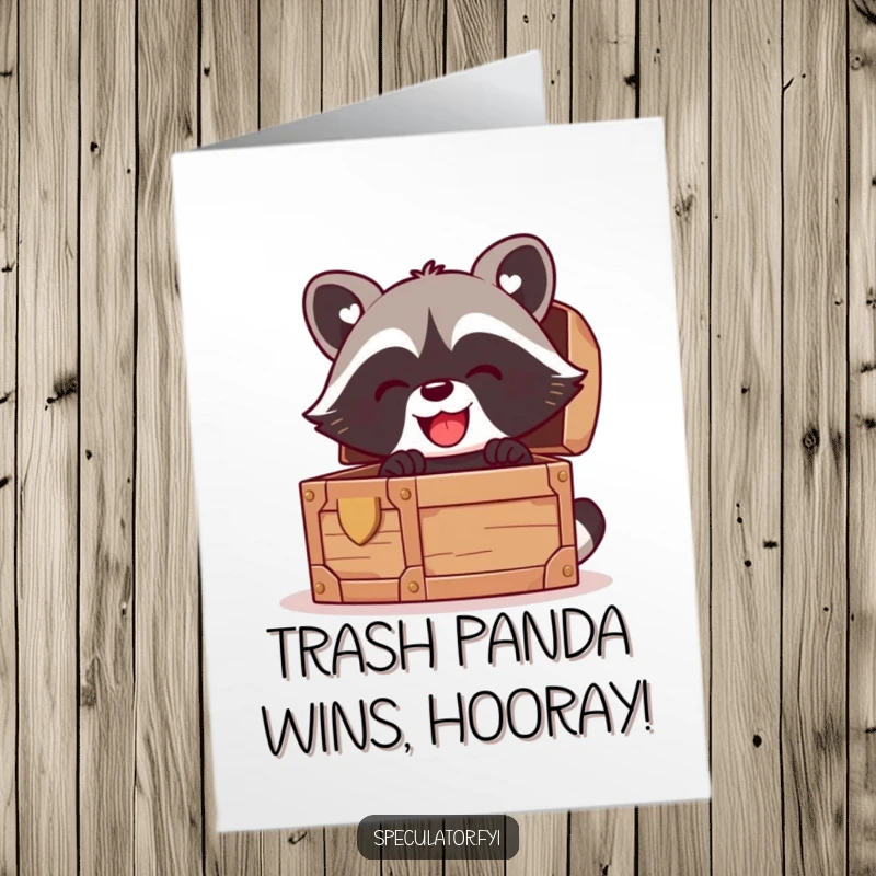 Funny Free Printable Congratulations Card featuring a delighted kawaii raccoon discovering a treasure chest brimming with joy.