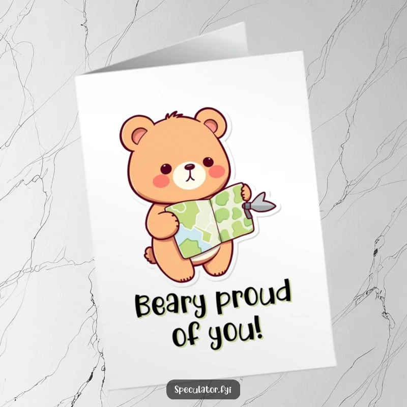 Funny Free Printable Congratulations Card showing a kawaii bear with a map, pointing confidently towards future success.