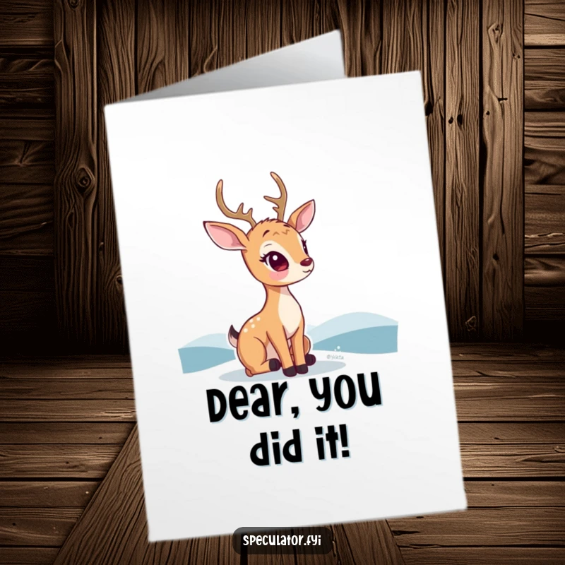 Funny Free Printable Congratulations Card showing a thoughtful kawaii deer looking towards a bright, distant horizon of success.