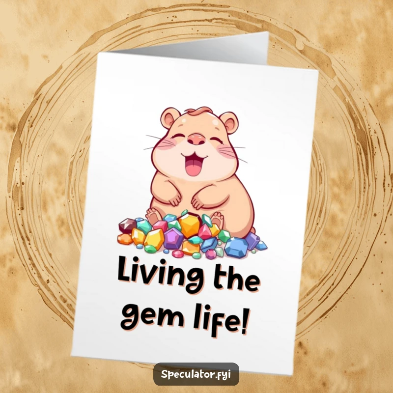 Free Printable Congratulations Card: A happy capybara character chilling near a bountiful collection of gleaming, precious jewels.