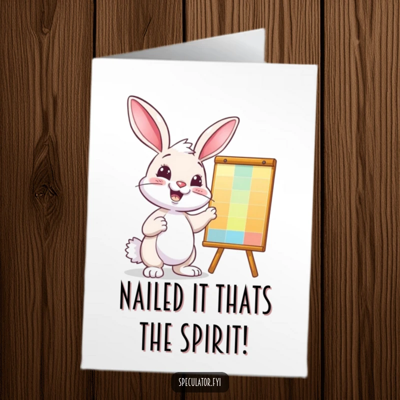 Free Printable Congratulations Card: Amused bunny points to a bright chart, signifying a major win. Humorous downloadable.