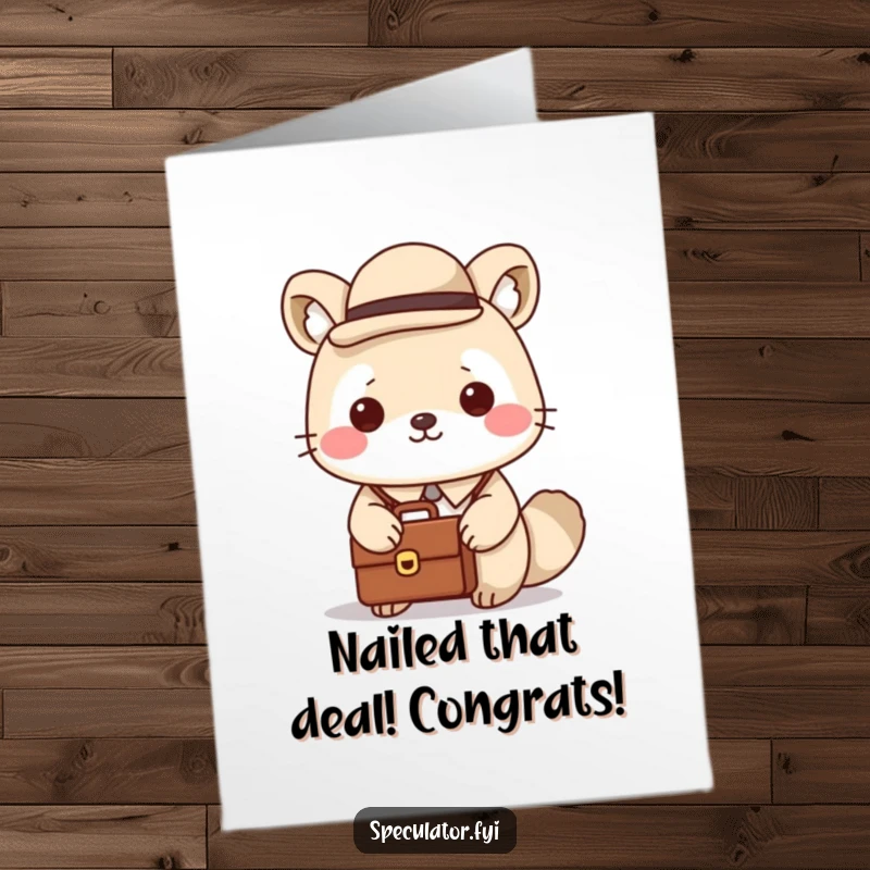 Funny Free Printable Congratulations Card: Kawaii animal in a bowler hat holding a briefcase, celebrating professional success.