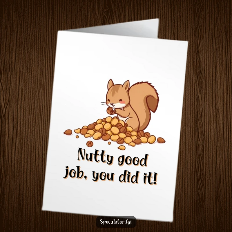 Funny Free Printable Congratulations Card: Squirrel carefully sorts nuts into perfectly organized piles, celebrating achievement. Humorous downloadable greeting.