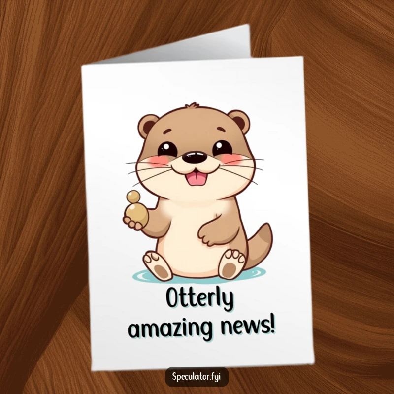 Funny Free Printable congratulations card: A lively otter with a big grin playfully tosses a shiny pebble, celebrating a success.