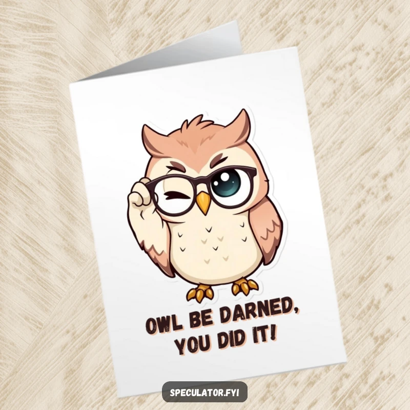 Funny Free Printable Congratulations Card of a proud owl adjusting spectacles, offering a knowing wink for their brilliant accomplishment.