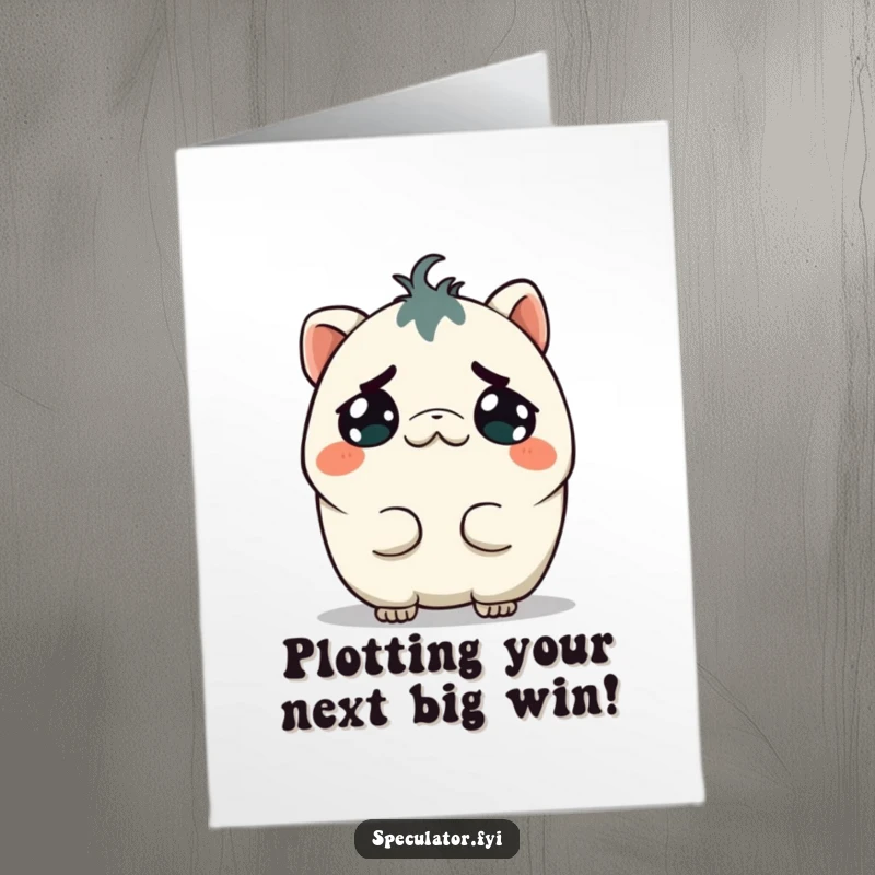 Funny Free Printable Congratulations Card: Kawaii creature tilting head with a mischievous grin, celebrating cunning success.