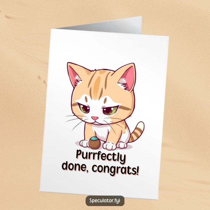 Funny Free Printable Congratulations Card: A cat character intensely observes a small moving object, celebrating like a hunter.