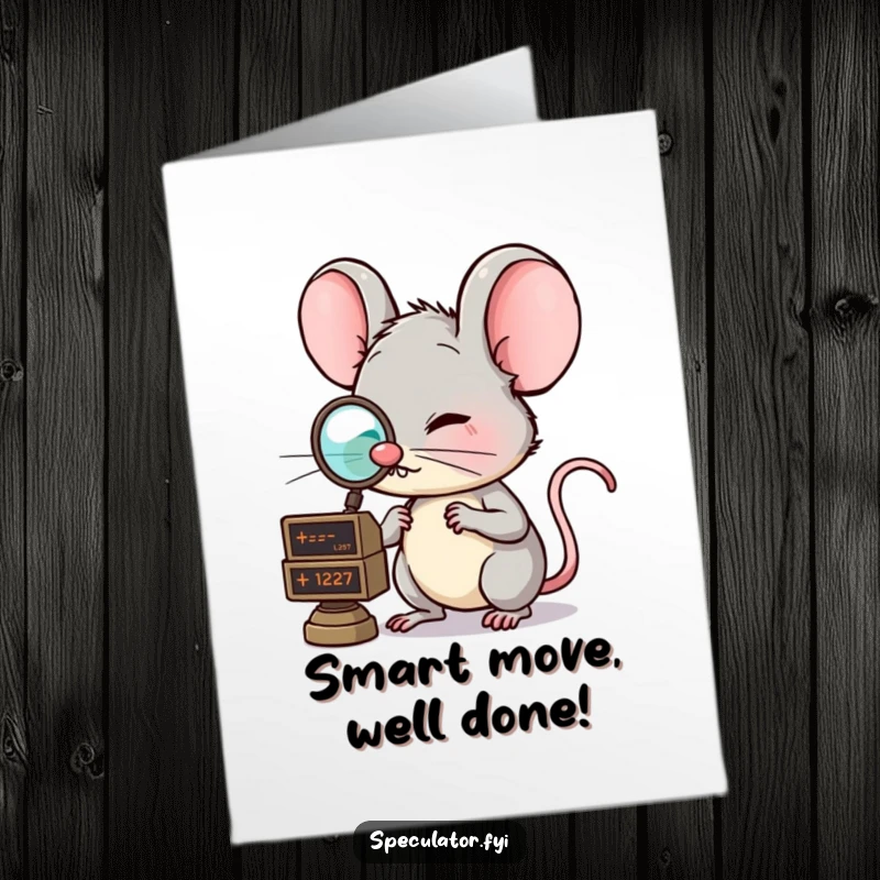 Funny Free Printable congratulations card: A clever mouse with a monocle checks a floating market ticker, celebrating shrewd success.