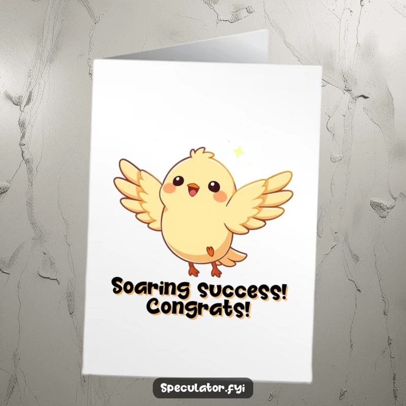 Funny Free Printable Congratulations Card: Ecstatic bird with wings spread, soaring victoriously towards a glimmer, celebrating a huge win.
