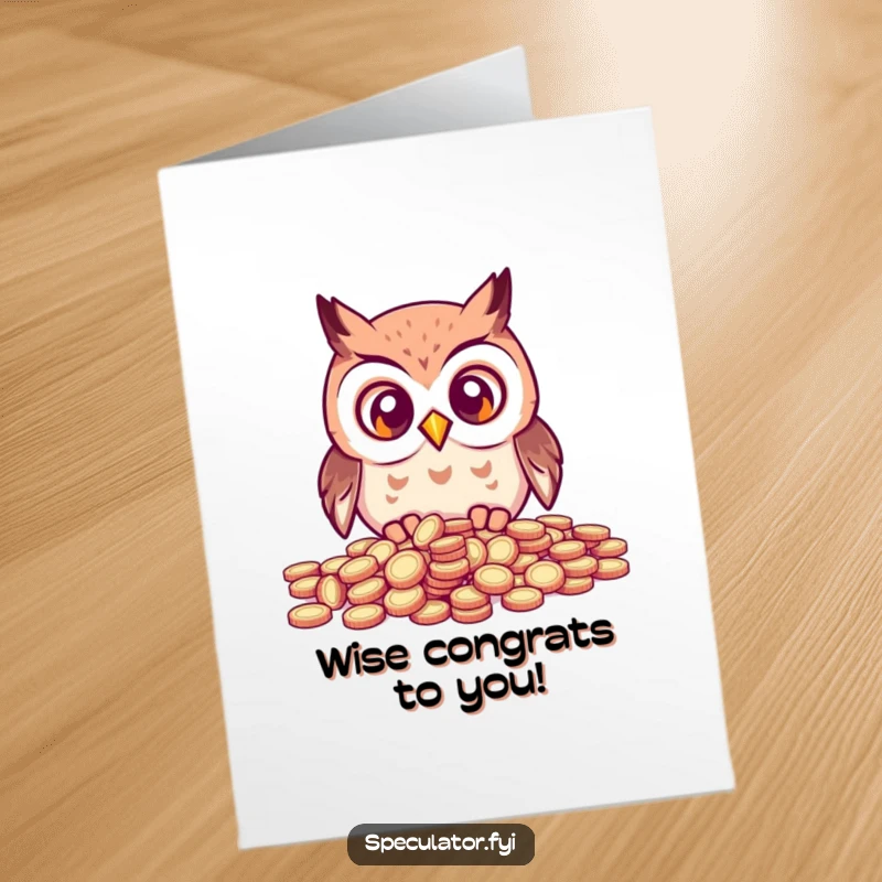 Funny Free Printable Congratulations Card: Kawaii owl wide-eyed amid a pile of coins, a successful downloadable.