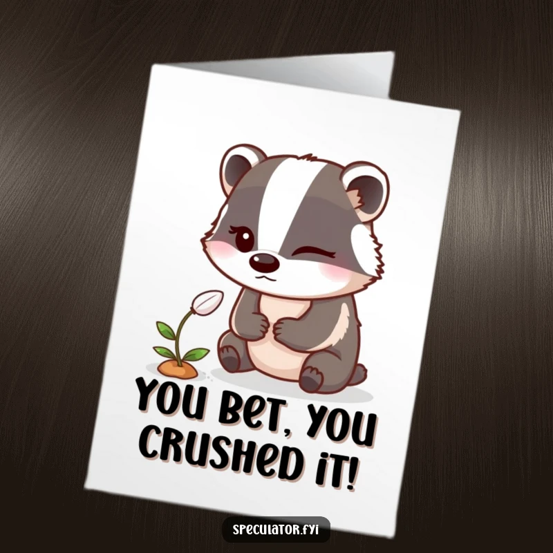 Funny Free Printable Congratulations Card: A winking badger observes a sprouting seed, celebrating new beginnings and success.