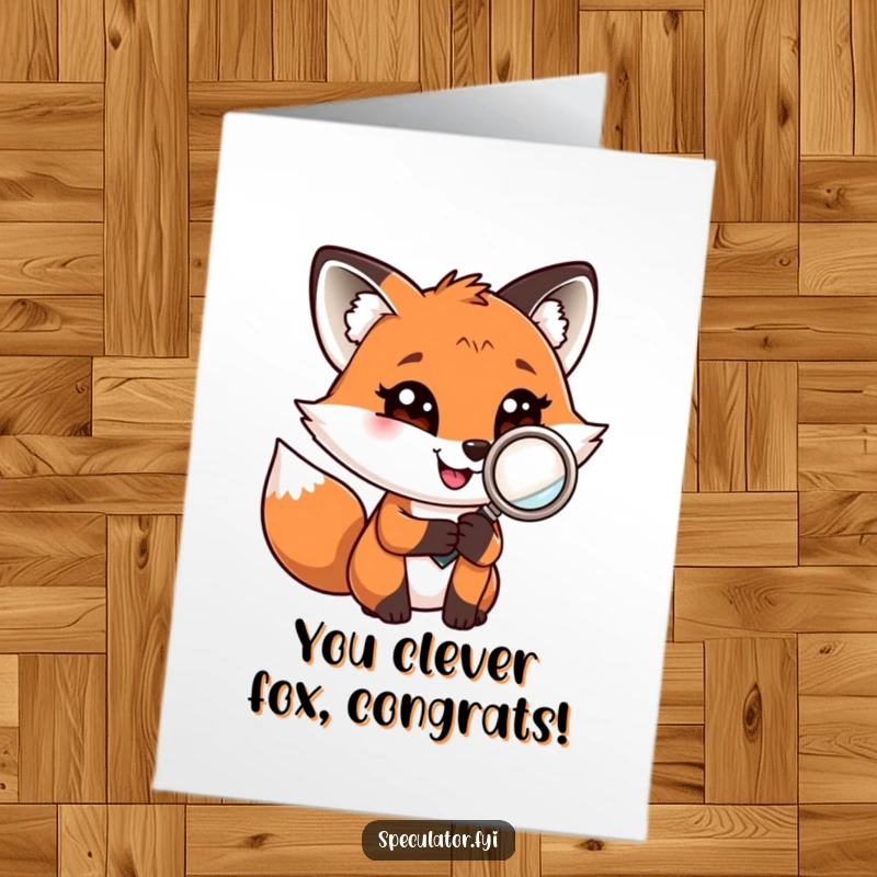 Funny Free Printable Congratulations Card: A playful fox grins confidently while holding a magnifying glass, ready to celebrate success.