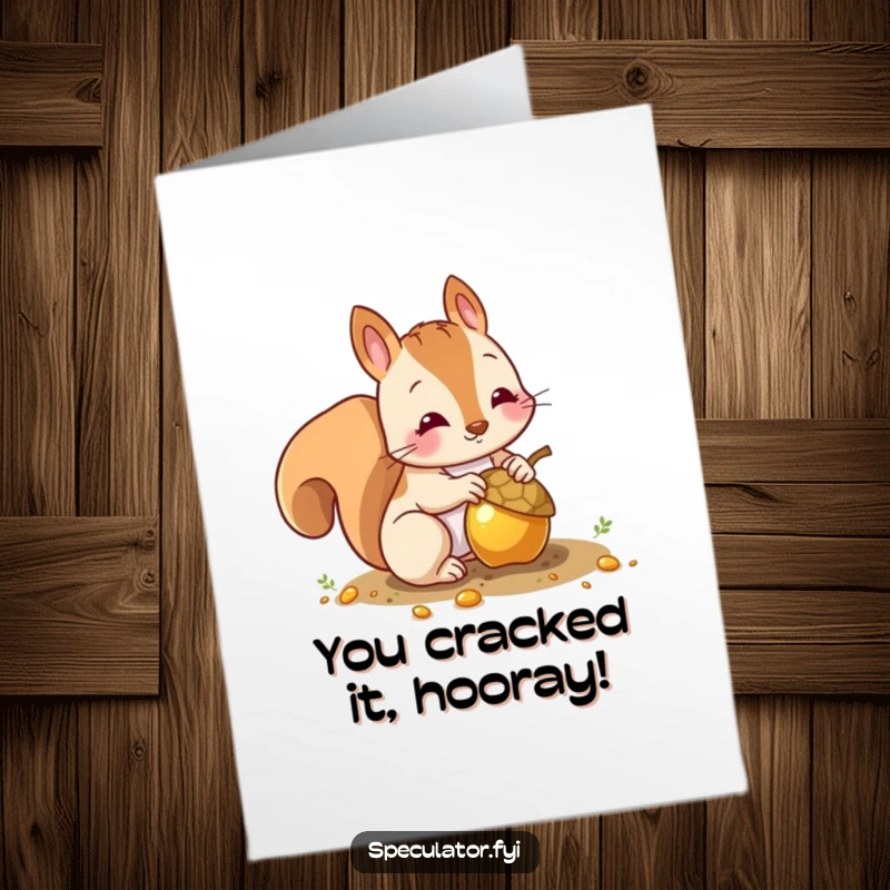 Free Printable Congratulations Card: Humorous squirrel character actively burying a precious golden acorn, celebrating success with glee.