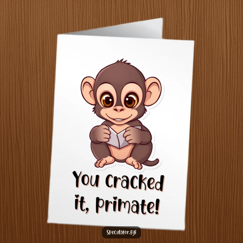 Funny Free Printable Congrats Card: A clever monkey with wide eyes studies patterns, signifying a well-analyzed success.