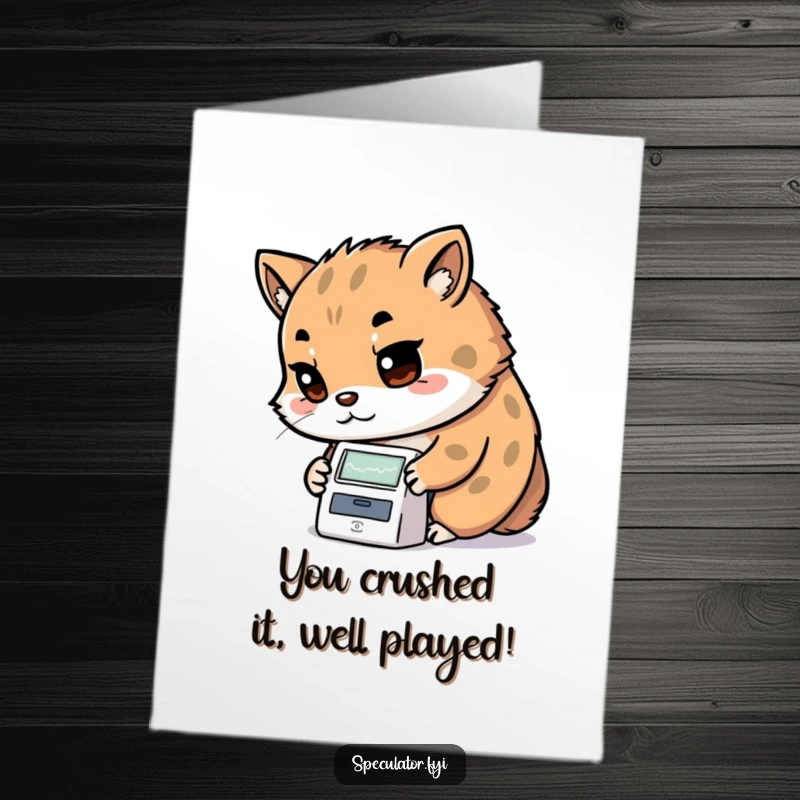 Funny Free Printable Kawaii animal with a determined look, studying a tiny stock ticker, for a congratulations card.