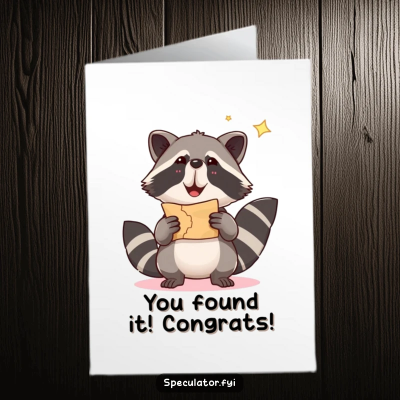 Funny free printable congratulations card showing a happy raccoon holding a treasure map, celebrating a great find.