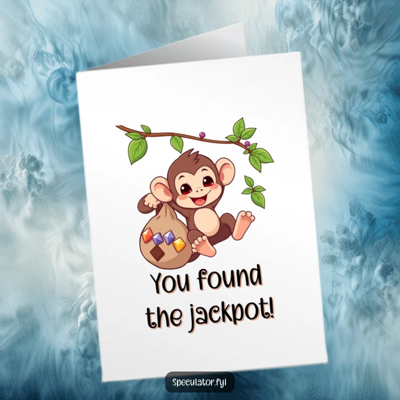 Funny Free Printable Congratulations Card: Playful monkey swings with a bag overflowing with shiny gems. Humorous downloadable greeting.