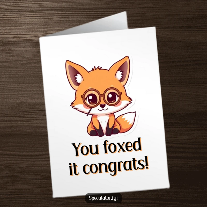 Funny Free Printable Congratulations Card: Kawaii fox wearing a monocle, peering at a coin, a treasure-finding downloadable.