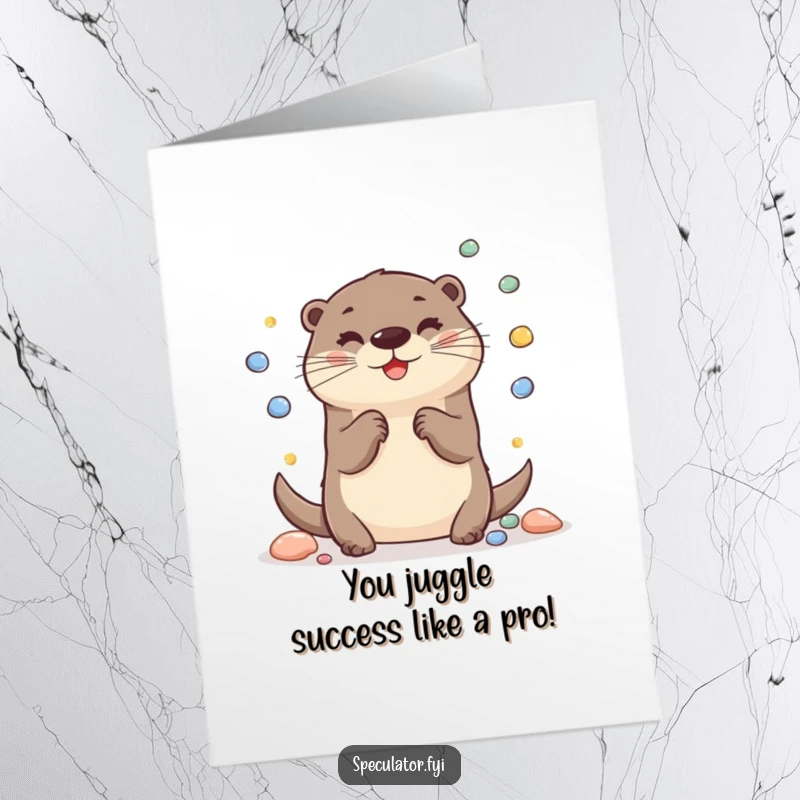 Funny Free Printable Congratulations Card: A cheerful otter juggles pebbles with flair, celebrating success with playful energy.