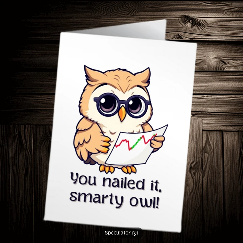 Funny Free Printable Congratulations Card: An owl with a monocle celebrates success by examining an upward trending stock chart.