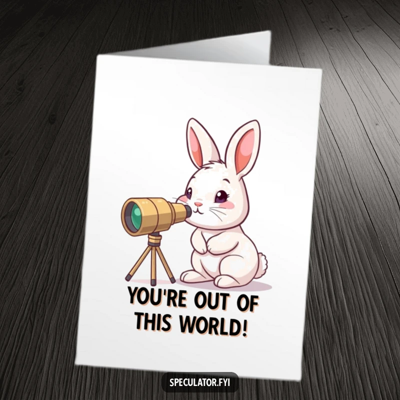 Funny Free Printable Congratulations Card: A curious bunny peering through a small telescope, spotting success in the distance.