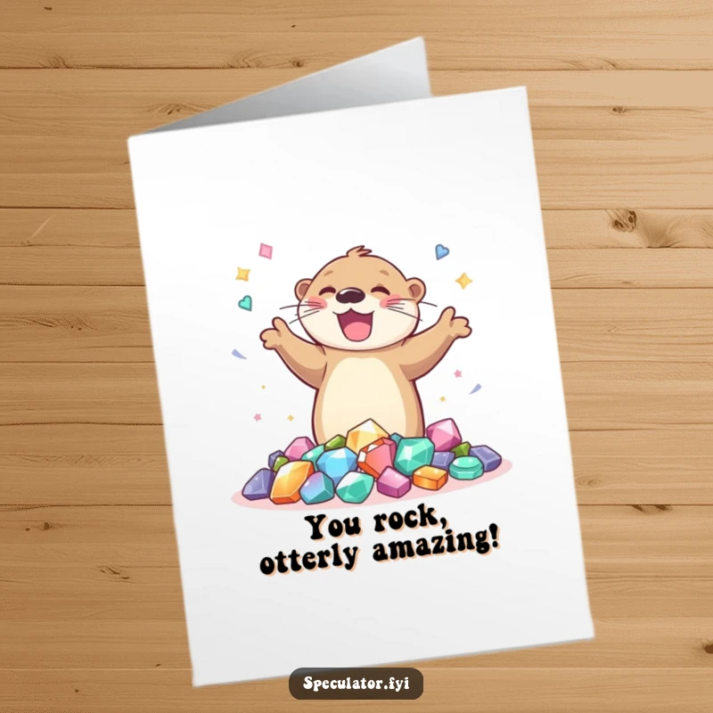 Funny Free Printable Congrats Card: A joyful otter dances gleefully around a pile of precious gems, celebrating a success.