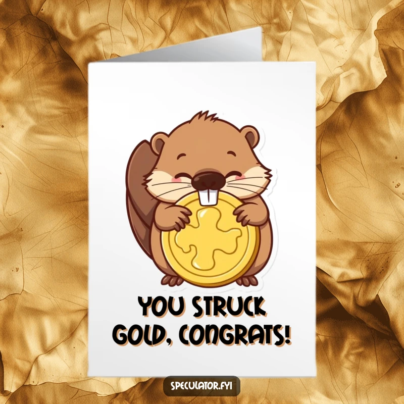 Funny Free Printable Congrats Card: Determined beaver is proud of his golden coin, symbolizing a huge win.