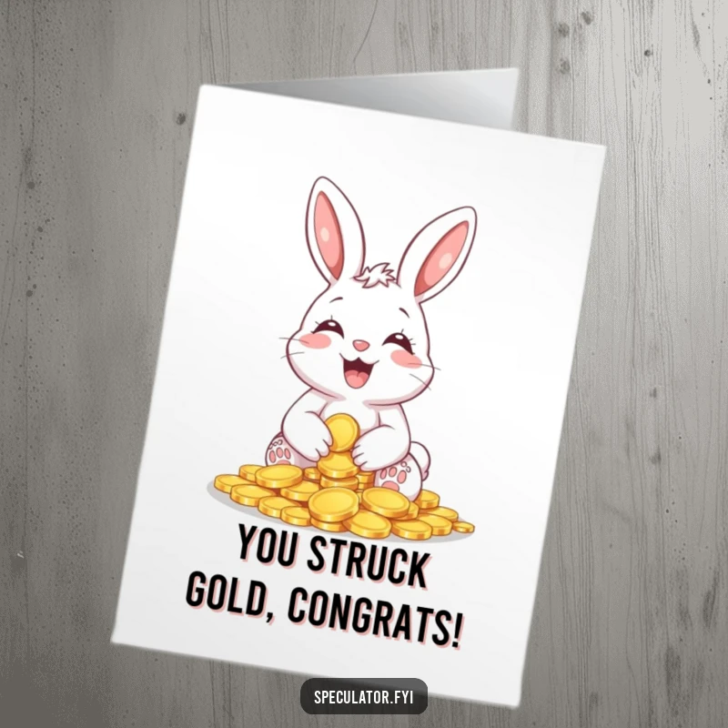 Funny Free Printable Congrats Card: A giggling bunny joyfully holding a pile of shiny coins, celebrating abundance and good luck.