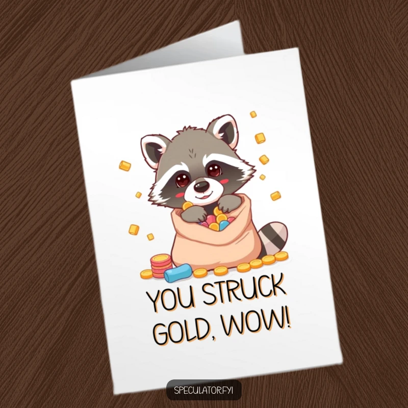 Free Printable Congratulations Card: A mischievous raccoon character slyly peeking into a sack brimming with treasure.