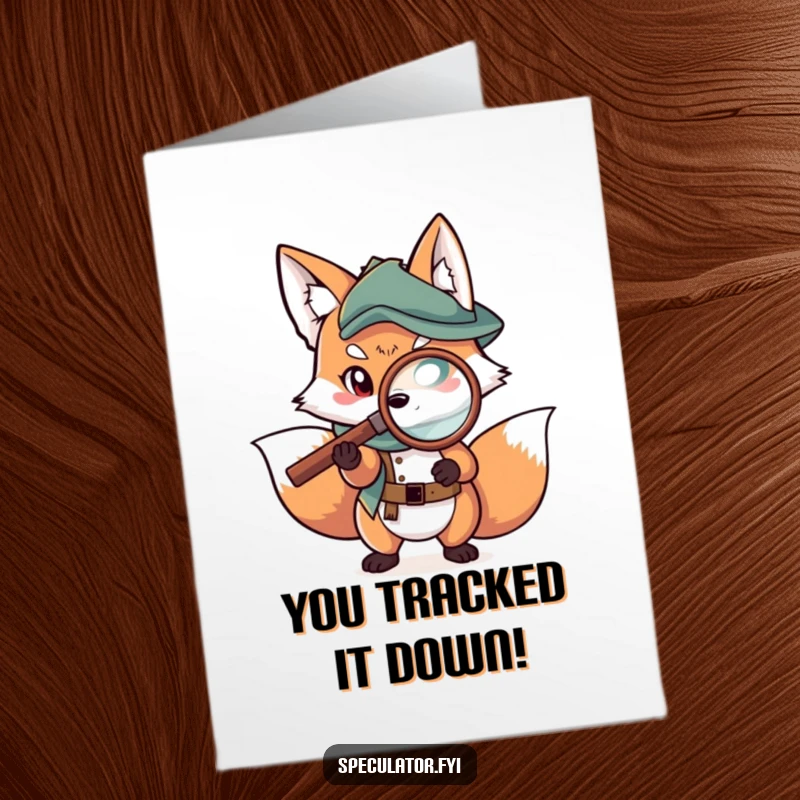 Free Printable Congratulations Card: A sly fox character scrutinizing a map with a magnifying glass, hinting at discovery.