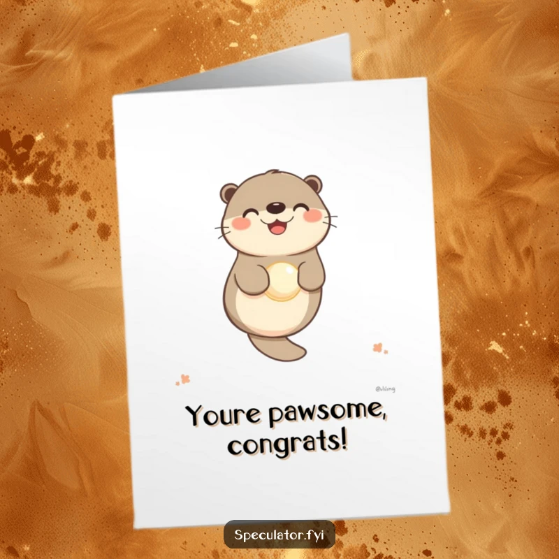 Free Printable Congratulations Card: A happy otter character serenely floating, clutching a precious pearl, signifying achievement.