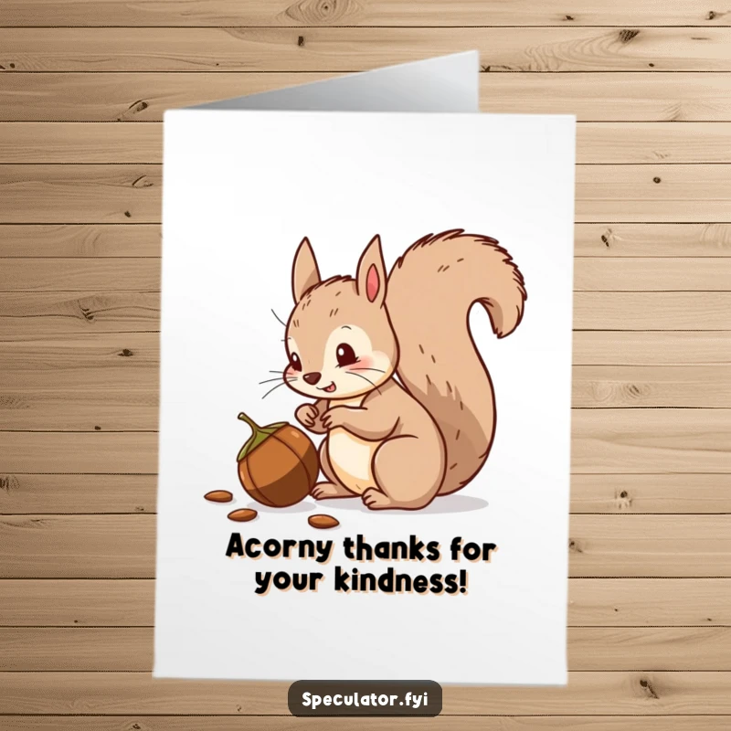 Funny Free Printable Thank You Card: A squirrel with a wagging tail gratefully eyes a nut, expressing thanks.