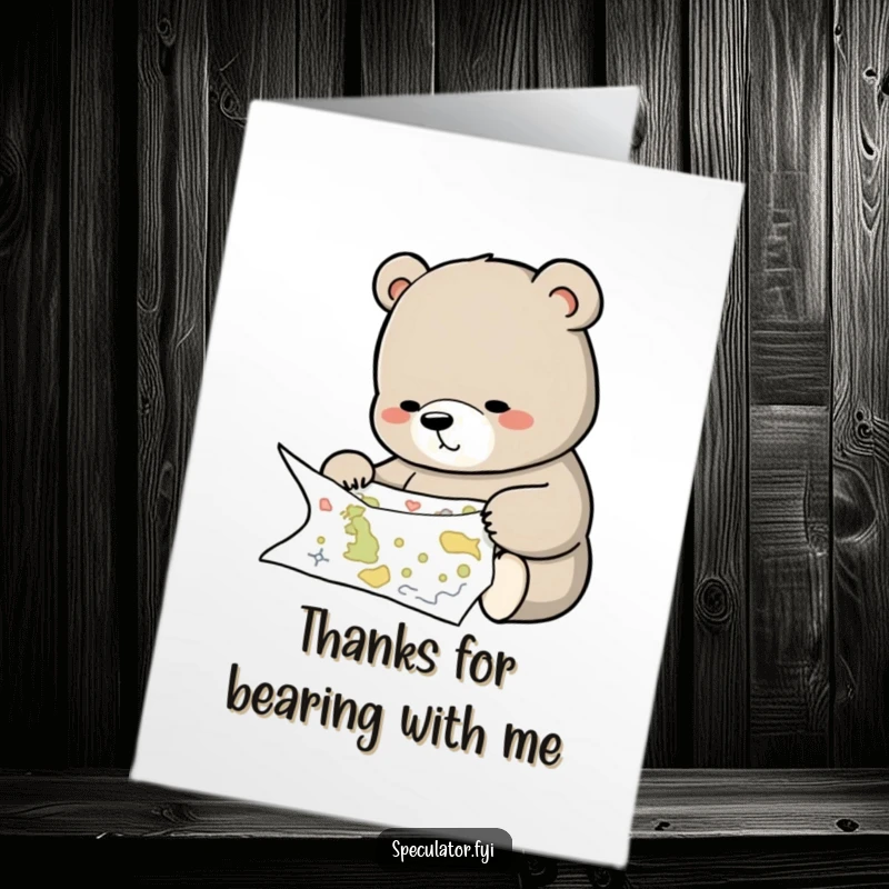 Funny Free Printable Thank You Card: Thoughtful bear studies a complex map, indicating a grateful journey. Cute downloadable gift.