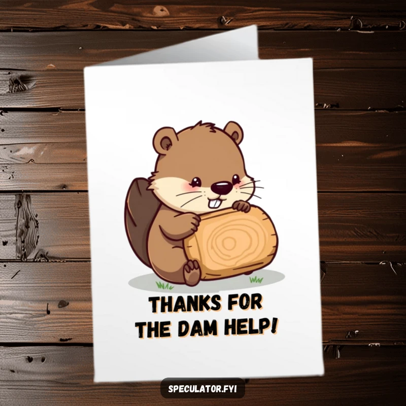 Funny free printable thank you card: a resourceful beaver diligently inspecting a log, ideal for a DIY gift of thanks.