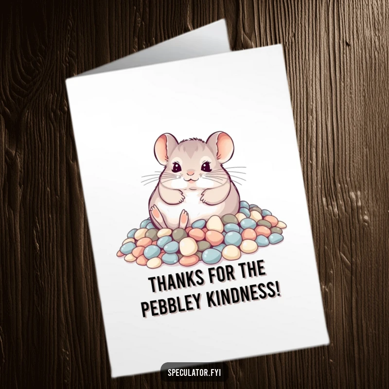 Funny Free Printable Thank You Card: A playful chinchilla rolls with delight in a pile of shimmering pebbles.
