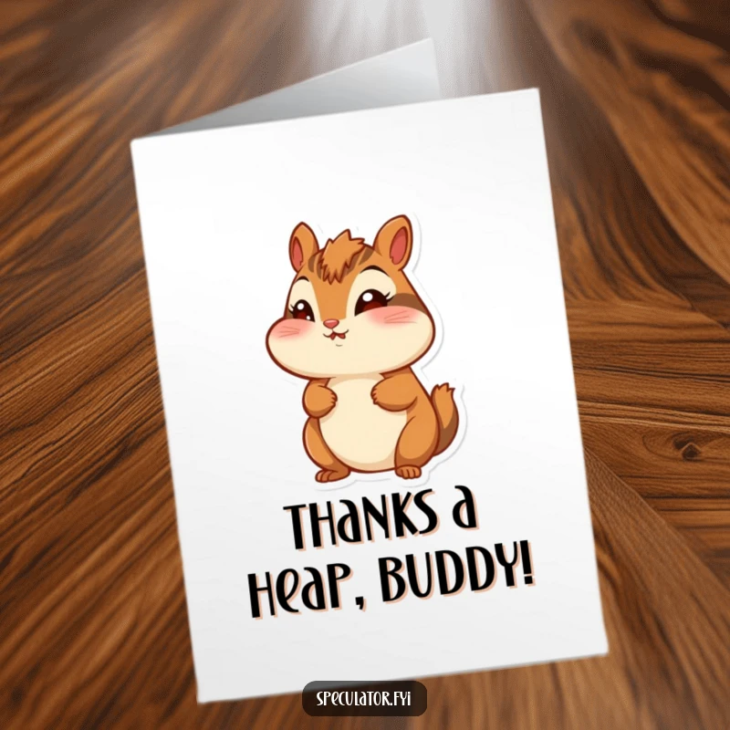 Funny Free Printable Thank You Card: A chipmunk with puffed cheeks expresses thanks with curious wonder.