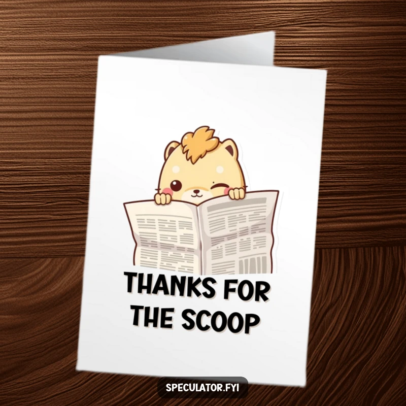 Funny Free Printable creature peeking with a knowing smirk behind a newspaper on a thank you card.