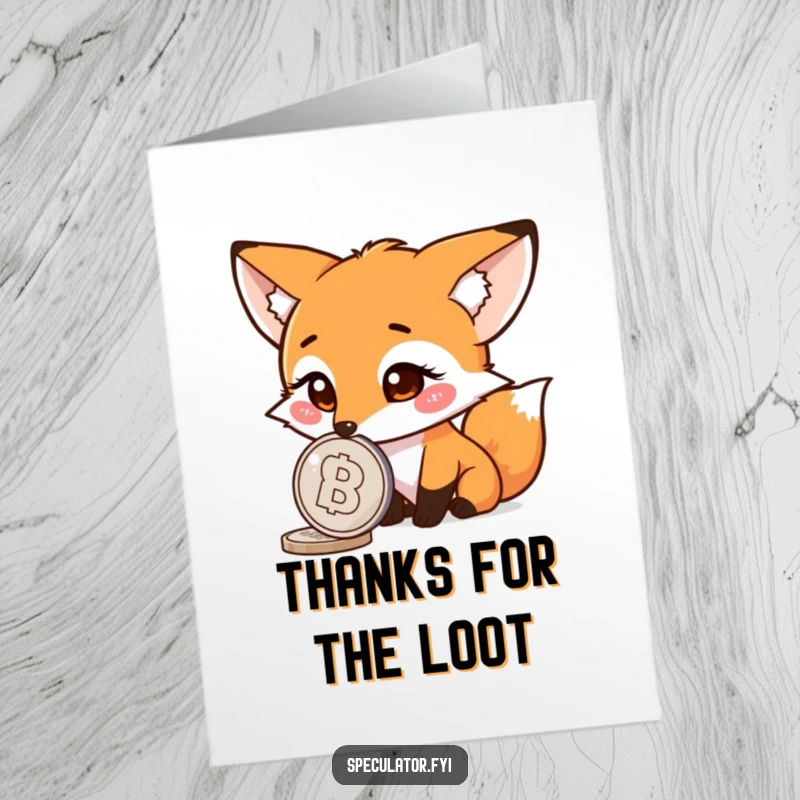 Funny Free Printable Thank You Card: A curious fox with perked ears intently observes a spinning coin, showing appreciation.