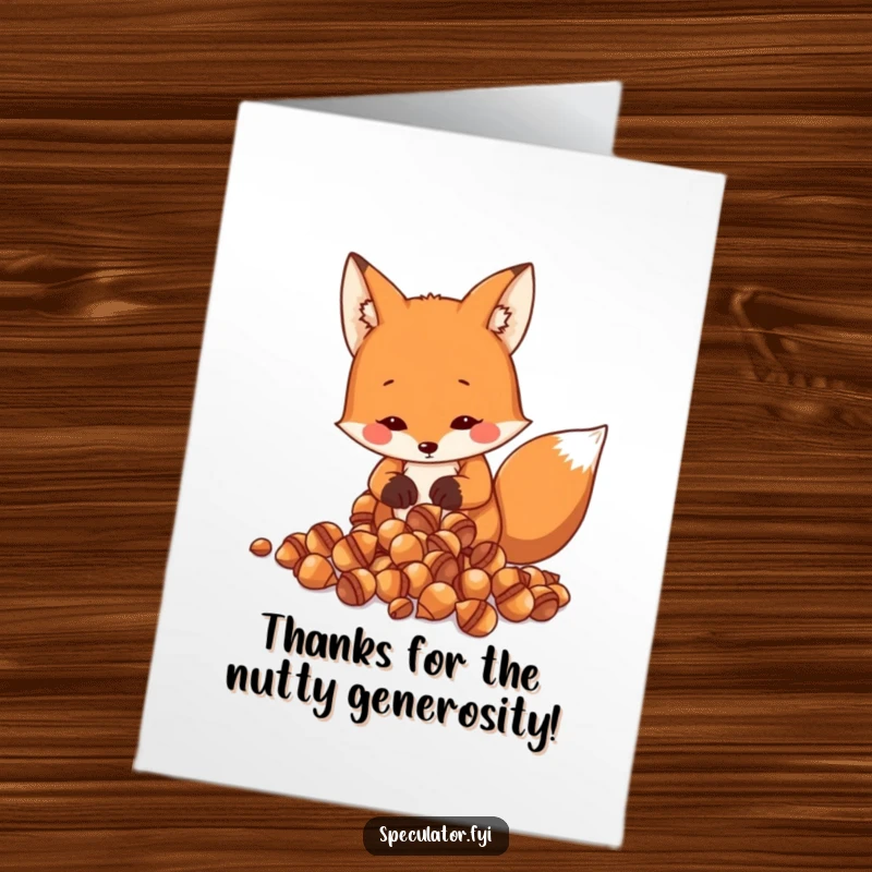 Funny Free Printable Fox Thank You Card: Sly fox counts shiny acorns, humorously thanking you for your kindness.