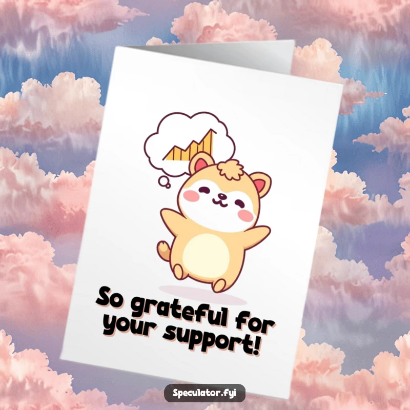 Funny Free Printable bouncing Kawaii animal with a rising graph thought bubble, expressing thanks on a card.