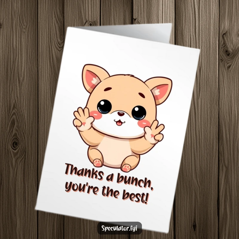 Funny Free Printable Kawaii animal stock trader, offering thanks with a buy low, sell high gesture, on a thank you card.