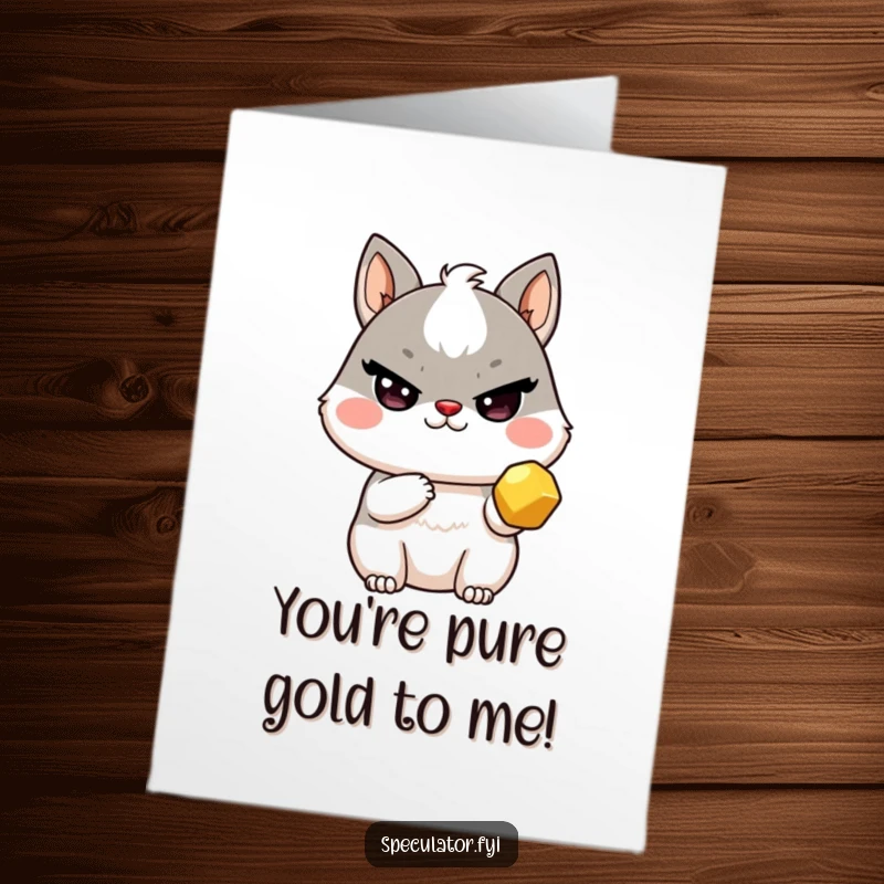 Funny Free Printable Kawaii animal winking and holding a golden nugget, saying thank you on a card.
