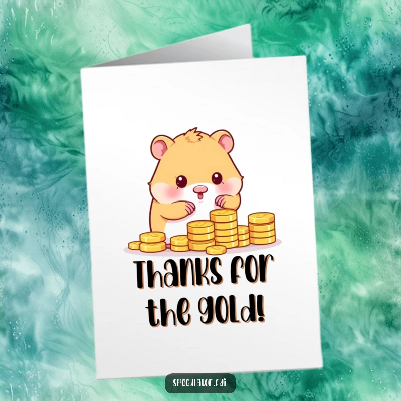 Funny Free Printable Thank You Card: A kawaii hamster gleefully counting a stack of shiny gold coins, expressing deep gratitude.