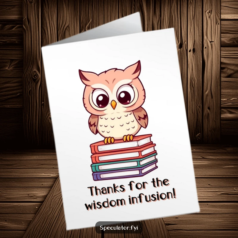 Funny Free Printable Owl Thank You Card: Clever owl on books calculates, humorously thanking you for your wise kindness.