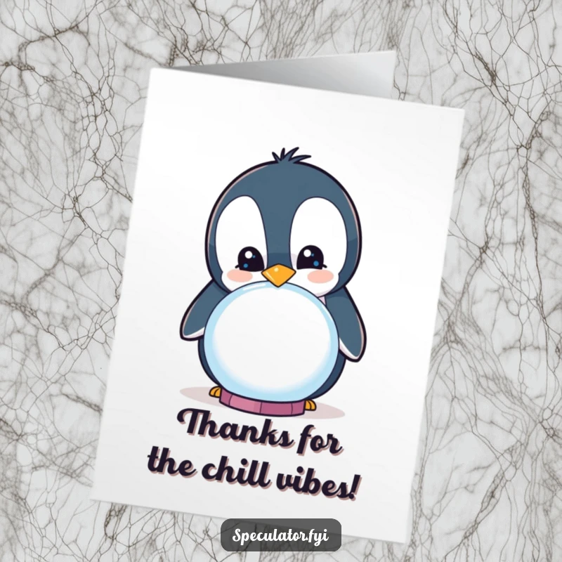 Funny Free Printable Thank You Card: A curious penguin smiles, peering into a crystal ball.