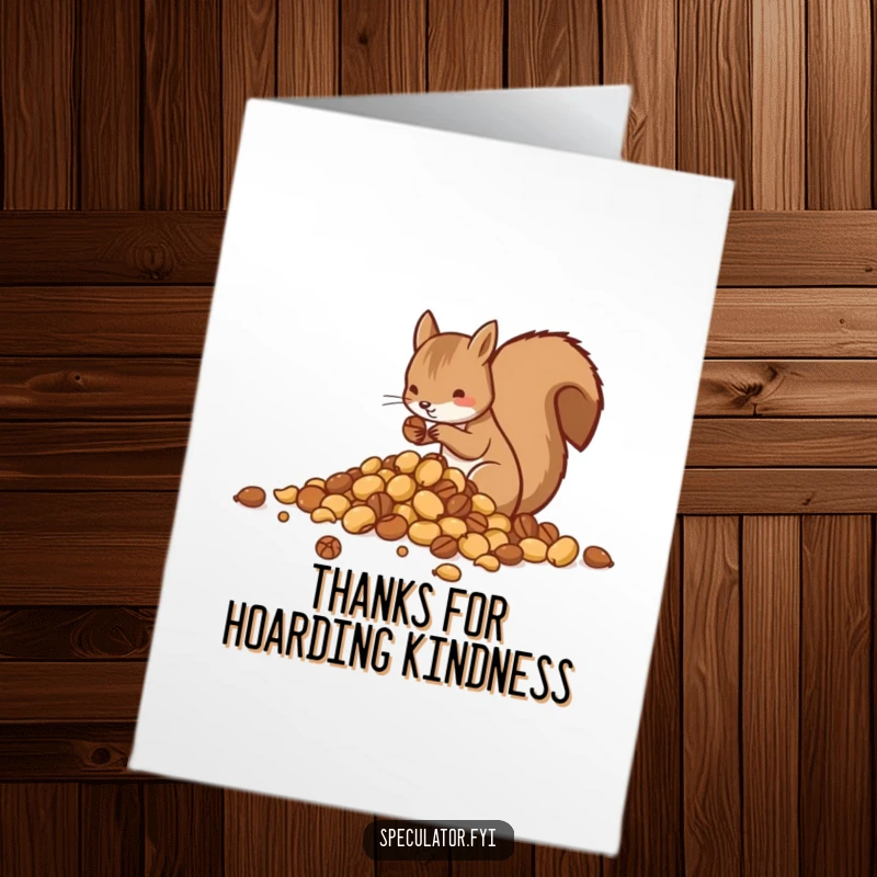 Funny Free Printable Thank You Card: Squirrel diligently sorts nuts into piles, showing appreciation. Cute downloadable gift.