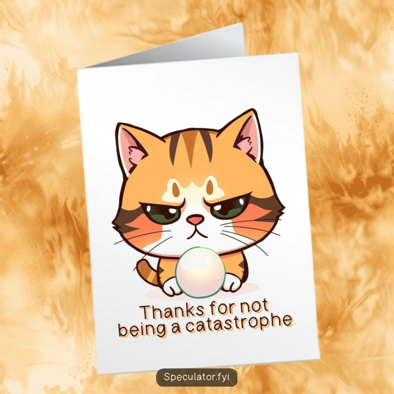 Funny Free Printable Thank You Card: A skeptical cat with narrowed eyes intently examining a shimmering object, perhaps your kindness.
